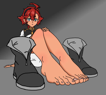 1girl absurdres barefoot blue_eyes boots feet gundam gundam_suisei_no_majo hairband hand_on_own_knee highres long_hair looking_at_viewer parted_lips paxa349 red_hair shoes suletta_mercury toes unworn_boots unworn_shoes