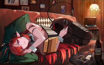 1girl absurdres alcohol animal_ear_hairband animal_ears azur_lane bare_shoulders black_horns black_leotard bottle breasts brown_pantyhose card cup curled_horns demon_girl demon_horns demon_tail detached_collar drinking_glass elsiriya fake_animal_ears hair_spread_out hairband hakuryuu_(azur_lane) hakuryuu_(folded_over_a_thousand_times)_(azur_lane) helena_(azur_lane) helena_(shimmering_triangle_wave)_(azur_lane) highres hindenburg_(azur_lane) hindenburg_(delirious_duel)_(azur_lane) holding holding_cup horns huge_breasts illustrious_(azur_lane) illustrious_(never-ending_tea_party)_(azur_lane) indoors kersaint_(a_saint&#039;s_mercy_can_do_no_wrong)_(azur_lane) kersaint_(azur_lane) lamp leotard long_hair looking_at_viewer lying making-of_available official_alternate_costume on_side pantyhose phonograph photo_(object) playboy_bunny playing_card pointy_ears purple_eyes rabbit_ear_hairband rabbit_ears red_hair red_wine slit_pupils solo strapless strapless_leotard tail undersized_breast_cup very_long_hair wine wine_glass