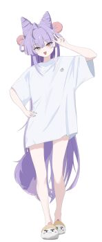 1girl :3 blue_eyes brown_eyes commentary cone_hair_bun double_bun fox_girl fox_tail full_body hair_bun hair_ornament hair_rings hand_on_own_hip hand_up heterochromia highres inari_(tenko_shibuki) jageunson long_hair long_sleeves multicolored_hair no_pants open_mouth pom_pom_(clothes) pom_pom_hair_ornament purple_hair purple_tail shirt short_sleeves simple_background slippers solo standing stellive straight_hair streaked_hair symbol-only_commentary t-shirt tail tenko_shibuki v very_long_hair virtual_youtuber white_background white_shirt