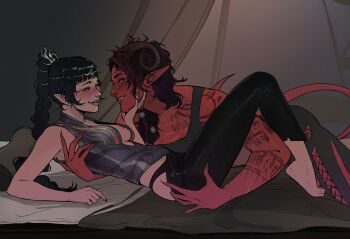 2girls absurdres areola_slip arm_tattoo baldur's_gate baldur's_gate_3 black_panties black_pants breasts clothes_pull colored_skin commentary curved_horns demon_girl demon_horns demon_tail dungeons_&amp;_dragons dungeons_&amp;_dragons elf english_commentary fingernails hand_on_another's_face highres horns karlach lying medium_breasts multi-tied_hair multiple_girls nessepack on_back panties pants pants_pull panty_peek pointy_ears red_skin red_streaks scar scars_all_over shadowheart_(baldur's_gate) sharp_fingernails studs tail tattoo tent tent_interior tiefling too_many underwear undressing_another yuri