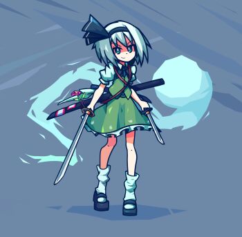 Rule 34 | dual wielding, flower, fog, green skirt, highres, holding, katana, konpaku youmu, sandals, silver hair, skirt, smallendu, socks, solo, sword, touhou, weapon