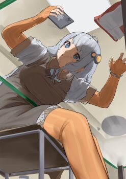 1girl against_glass blue_eyes breasts cellphone commentary_request elbow_gloves fingerless_gloves from_below glass_table gloves hair_ornament highres indoors kizuna_akari large_breasts long_hair pantyhose phone pocche-ex sitting smartphone solo table voiceroid white_hair