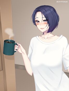 1girl absurdres blue_hair blush coffee collarbone cryptid_crab cup fire_emblem fire_emblem:_three_houses grin highres holding holding_cup indoors lips looking_at_viewer mug nintendo purple_eyes shamir_nevrand shirt short_hair smile solo steam white_shirt
