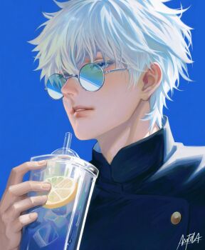 1boy colored_eyelashes drink gojou_satoru high_collar highres holding jujutsu_kaisen jujutsu_tech_uniform lemonade looking_at_viewer male_focus messy_hair naofaro open_mouth round_eyewear signature solo sunglasses teeth white_eyelashes white_hair