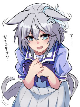 1girl :d agnes_tachyon_(umamusume) anastasia_(idolmaster) animal_ears blue_eyes borrowed_hairstyle bow collarbone ears_down grey_hair hair_between_eyes hands_up highres horse_ears horse_girl horse_tail idolmaster idolmaster_cinderella_girls kawamochi_(kawauti919) kemonomimi_mode looking_at_viewer motion_lines open_mouth own_hands_together pleated_skirt puffy_short_sleeves puffy_sleeves purple_bow purple_shirt school_uniform shirt short_sleeves simple_background skirt smile solo tail tracen_school_uniform translation_request uesaka_sumire umamusume voice_actor_connection white_background white_skirt wolf_cut