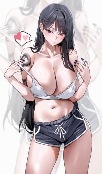 1girl arm_tattoo black_hair breasts contrapposto cowboy_shot dolphin_shorts drawstring grey_shorts hair_behind_ear heart highres huge_breasts joacy long_hair looking_down midriff navel original purple_eyes purple_nails revealing_clothes short_shorts shorts snake_tattoo solo spoken_heart stomach strap_slip tank_top tattoo very_long_hair white_tank_top zoom_layer