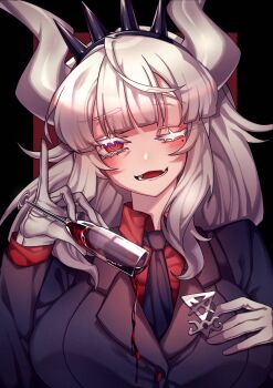 1girl alcohol black_necktie blazer breasts brooch collared_shirt colored_eyelashes cup demon_girl dot_nose double-parted_bangs drinking_glass eyes_visible_through_hair fang film_grain gloves hairband helltaker highres holding holding_cup horns jacket jagged_sclera jewelry kithera large_breasts lucifer_(helltaker) mole mole_under_eye necktie one_eye_closed open_mouth portrait pouring pouring_onto_self raised_eyebrow red_eyes red_shirt red_wine shirt sidelocks solo spiked_hairband spikes striped_blush teeth white_eyelashes white_gloves white_hair white_horns wine wine_glass