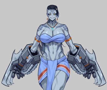 1girl adeptus_astartes bandeau black_hair clawed_gauntlets colored_sclera colored_skin commentary cowboy_shot english_commentary facial_mark facial_tattoo full-body_tattoo genderswap genderswap_(mtf) grey_sclera grey_skin grin jewelry looking_at_viewer midriff necklace podobrick sarong sharp_teeth smile tattoo teeth toned toned_female tooth_necklace tyberos_the_red_wake undercut warhammer_40k yellow_eyes