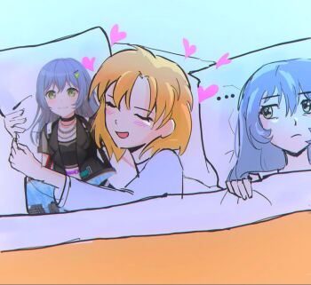 2girls asahi_rokka bang_dream! blanket blonde_hair blue_hair closed_eyes closed_mouth green_eyes heart hug hugging_object long_hair looking_at_another multiple_girls non-web_source pillow pillow_hug sato_masuki short_hair smile