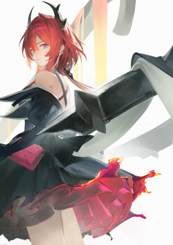 1girl absurdres arknights arknights:_endfield arts_(90620075) bag bare_shoulders black_dress black_gloves black_horns black_ribbon burning_clothes closed_mouth commentary demon_girl demon_horns double-parted_bangs dress frills from_behind gloves hair_between_eyes hair_intakes handbag highres horns laevatain_(arknights) lava long_hair looking_back pink_bag purple_eyes red_hair ribbon sideless_dress sidelocks solo surtr_(arknights) thighs turning_head white_background