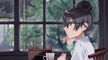 black_hair chair closed_mouth cup day from_side glasses hair_bun hair_up hanakuma_chifuyu highres indoors on_chair profile scrunchie shirt sitting synthesizer_v tere_douga tree white_shirt window wrist_scrunchie