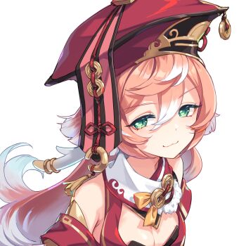 1girl :3 antlers armpit_crease breasts cleavage close-up closed_mouth commentary_request deer_antlers deer_girl detached_sleeves genshin_impact gradient_hair green_eyes h2so4 hair_between_eyes hat horns long_hair medium_breasts multicolored_hair pink_hair red_hat simple_background smile solo white_background white_hair xiezhi_guan yanfei_(genshin_impact)