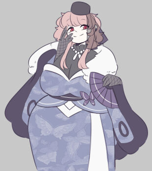 1girl absurdres adjusting_cape alternate_costume alternate_height angelicobituary animal_print black_cape black_hat black_shirt black_veil blue_cape blue_kimono breasts butterfly_print cape closed_mouth collar commentary cowboy_shot earrings english_commentary fishnet_gloves fishnets fur_collar gloves grey_background grey_gloves hand_fan hand_on_own_face hat highres holding holding_fan japanese_clothes jewelry kimono large_breasts medium_hair necklace obi pearl_necklace pink_hair purple_sash red_eyes saigyouji_yuyuko sash shirt simple_background sleeveless sleeveless_kimono smile solo split_mouth strapless_kimono swept_bangs touhou two-tone_cape veil white_collar white_trim wing_cape