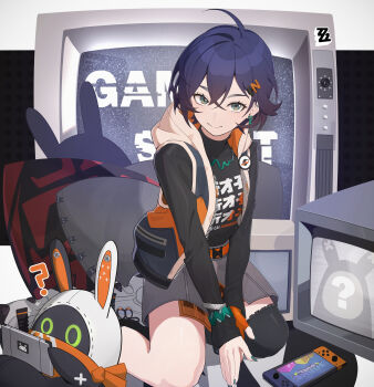 1girl ? absurdres ahoge bangboo_(zenless_zone_zero) belle_(zenless_zone_zero) black_shirt blue_hair closed_mouth commentary_request earrings fingerless_gloves full_body gloves green_eyes green_nails grey_skirt hair_ornament highres hood hood_down hooded_vest hoodie hypermin jewelry letter_hair_ornament long_sleeves looking_at_viewer multicolored_vest nintendo_switch open_clothes open_vest orange_gloves orange_vest print_shirt seiza shirt shoes short_hair single_fingerless_glove single_glove single_thighhigh sitting skirt smile sneakers solo television thighhighs turtleneck vest white_shoes white_vest zenless_zone_zero