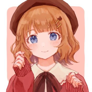 1girl 3kio2giri beret blue_eyes blush border brown_hair closed_mouth commentary dot_nose hair_ornament hairclip hands_up hat highres idolmaster idolmaster_million_live! long_sleeves looking_at_viewer neck_ribbon outside_border parallel_hairclips pink_background portrait ribbon short_hair smile solo straight-on suou_momoko wavy_hair white_border