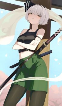 1girl absurdres alternate_costume arm_belt arms_under_breasts black_hairband black_pantyhose black_shirt breasts cherry_blossoms closed_mouth commentary_request crop_top crossed_arms day green_eyes green_skirt grey_hair hairband highres hitodama katana konpaku_youmu korean_commentary medium_breasts midriff pantyhose sheath sheathed shirt short_hair skirt solo son_(c100011) sword sword_on_back touhou weapon weapon_on_back
