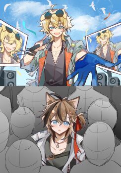 2boys ahoge animal_ears arknights bandaged_arm bandages belt bird bird_wings black_bandages black_belt black_gloves black_shirt black_vest blonde_hair blue_eyes blue_gloves blue_jacket blue_sky blush brown_hair cat_boy cat_ears chinese_commentary cloud collar collarbone commentary_request confetti crowd crowded dog_boy dog_ears eyewear_on_head gloves hair_between_eyes hand_up highres holding holding_microphone jacket looking_at_viewer looking_down looking_up male_focus messy_hair microphone multiple_boys open_clothes open_jacket open_mouth open_shirt ponytail reaching red_ribbon ribbon screen shirt single_glove sky smile speaker stainless_(arknights) string sunglasses tequila_(arknights) tequila_(top_tier_live)_(arknights) thequeenrabbit thick_eyebrows tongue vest white_collar white_jacket white_string wings yaoi