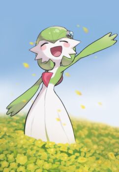 blue_sky blush bob_cut closed_eyes colored_skin ddingyong dress field flower flower_field gardevoir gen_3_pokemon green_hair green_skin mega_stone multicolored_skin nintendo open_mouth outdoors pokemon pokemon_(anime) pokemon_(creature) poketoon sky smile two-tone_skin white_dress white_skin