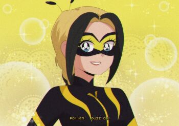 1990s_(style) 1girl animification antennae black_hair blonde_hair blue_eyes blurry bodysuit bokeh braid brenni_murasaki caption depth_of_field domino_mask eye_mask grin mask miraculous_ladybug multicolored_hair parted_bangs pink_lips retro_artstyle smile solo sparkle streaked_hair superhero_costume vesperia_(miraculous) yellow_background zoe_lee