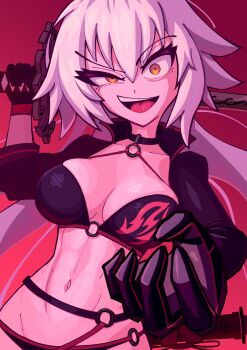 1girl absurdres ahoge bikini black_bikini black_gloves breasts choker commentary english_commentary fate/grand_order fate_(series) frankgallaxx gloves hair_between_eyes highres holding holding_sword holding_weapon jacket jeanne_d&#039;arc_alter_(fate) jeanne_d&#039;arc_alter_(swimsuit_berserker)_(fate) large_breasts long_hair looking_at_viewer navel o-ring o-ring_bikini solo swimsuit sword very_long_hair weapon white_hair yellow_eyes