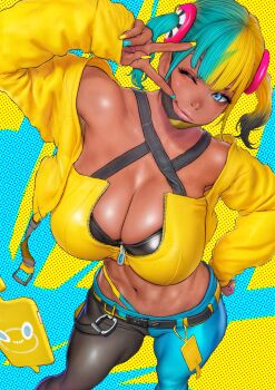 b_0_rukia bare_shoulders belt blue_eyes breasts canari_(pokemon) collarbone cropped_jacket dark-skinned_female dark_skin fingernails gyaru hair_ornament hand_on_own_hip large_breasts lips long_fingernails mask multicolored_hair navel nintendo one_eye_closed pants peace_symbol pokemon pokemon_legends:_z-a rotom rotom_phone shiny_skin standing wink
