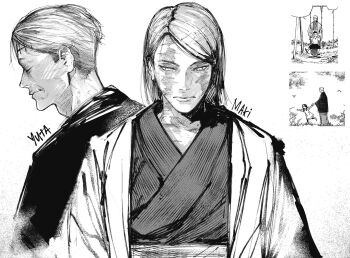 1boy 1girl burn_scar deontayart highres japanese_clothes jujutsu_kaisen jujutsu_kaisen_modulo monochrome okkotsu_yuuta old old_man old_woman reference_inset scar scar_on_face scar_on_forehead scars_all_over too_many upper_body zen&#039;in_maki