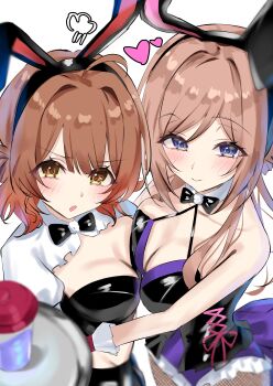 2girls :o absurdres ahoge animal_ear_hairband animal_ears asymmetrical_docking black_bow black_bowtie blue_eyes blush bottle bow bowtie breast_press breasts brown_hair cleavage collarbone commentary_request drink fake_animal_ears fishnet_pantyhose fishnets gakuen_idolmaster gloves gradient_hair hairband hanami_ume highres himesaki_rinami idolmaster leotard long_hair looking_at_viewer macchi_(gduv5257) medium_breasts multicolored_hair multiple_girls open_mouth orange_hair pantyhose playboy_bunny puff_of_air purple_leotard rabbit_ear_hairband rabbit_ears shrug_(clothing) simple_background smile white_background