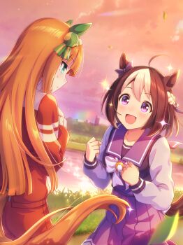 2girls absurdres ahoge animal_ears artist_request back_bow blue_sailor_collar blue_shirt blue_skirt blunt_bangs blunt_ends bow bowtie braid brooch brown_hair clenched_hands cloud collarbone cowboy_shot dot_nose ear_bow eye_contact face-to-face game_cg gradient_sky grass green_ribbon grey_hairband hair_between_eyes hair_ornament hair_ribbon hairband half_up_braid hand_on_own_chest happy high-waist_skirt highres horse_ears horse_girl horse_tail horseshoe_ornament jacket jewelry lake leaf light_blush light_particles long_hair long_sleeves looking_at_another miniskirt multicolored_hair multiple_girls nervous official_art open_mouth orange_hair orange_sky outdoors pants path pleated_skirt purple_bow purple_eyes purple_sky red_jacket red_pants ribbon road sailor_collar school_uniform shirt silence_suzuka_(umamusume) single_stripe skirt sky skyline smile sparkle special_week_(umamusume) sphere_hair_ornament standing striped_ribbon sunset tail tareme tracen_school_uniform tracen_training_uniform track_jacket turtleneck turtleneck_jacket two-tone_hair umamusume very_long_hair white_bow white_bowtie white_hair