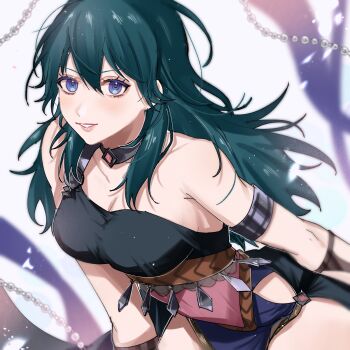1girl alternate_costume bare_shoulders black_shirt blue_eyes breasts cleavage cowboy_shot dancer dancer_(fire_emblem:_three_houses) eyelashes female_byleth_(fire_emblem) fire_emblem fire_emblem:_three_houses green_hair highres large_breasts long_hair nintendo ringed_eyes shirt solo tani11a white_background