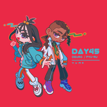 1boy 1girl aqua_jacket artist_name black_hair black_pants black_shirt bracelet brown_hair character_name collared_shirt commentary_request cube_hair_ornament dark-skinned_male dark_skin dot_nose eyelashes full_body green_necktie hair_ornament hand_in_pocket highres hood hood_down hooded_jacket jacket jep5e jewelry lida_(pokemon) long_hair long_sleeves mega_ring mega_stone naveen_(pokemon) necktie nintendo open_clothes open_jacket open_mouth orange_vest pants pokemon pokemon_legends:_z-a purple_eyes purple_shoes red_background shirt shoes simple_background smile socks undercut vest white_jacket white_pants white_shoes white_socks