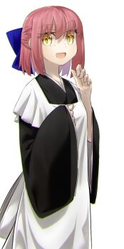 1girl apron black_kimono blue_bow bow breasts brown_eyes commentary_request hair_bow highres japanese_clothes kimono kohaku_(tsukihime) long_sleeves looking_at_viewer open_mouth red_hair short_hair small_breasts smile solo tsukihime white_apron wide_sleeves yubeshi_(zecxl)