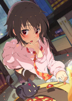 1girl all_fours black_hair black_thighhighs blush book cat chomusuke commentary_request diagonal-striped_clothes diagonal-striped_necktie eyepatch folder full_body highres indoors kono_subarashii_sekai_ni_bakuen_wo! kono_subarashii_sekai_ni_shukufuku_wo! loafers long_sleeves looking_at_viewer megumin nazonaji necktie on_floor open_mouth orange_necktie paper pink_shirt pink_skirt pleated_skirt red_eyes red_prison_magic_school_uniform school_uniform shirt shoes short_hair skirt solo striped_clothes striped_necktie table thighhighs unworn_eyepatch unworn_headwear wet wet_hair window