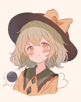 1girl :t absurdres alternate_eye_color black_hat blush bow buttons closed_mouth commentary_request cropped_torso diamond_button frilled_shirt_collar frills green_hair hair_between_eyes hat hat_bow heart heart_of_string highres iris-san komeiji_koishi looking_at_viewer medium_hair orange_eyes pout shirt simple_background smile solo sun_hat third_eye touhou upper_body v-shaped_eyebrows white_background yellow_bow yellow_shirt