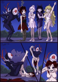 4girls blake_belladonna blonde_hair breasts cleavage deflated dress geist_(rwby) grimm_(rwby) grin high_heels multiple_girls nipples nude possessed possession putting_on_clothes putting_on_skinsuit ruby_rose rwby sagabel skinsuit smile undressing_another weiss_schnee white_hair yang_xiao_long