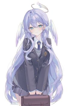 1girl alternate_costume bag black_jacket blue_hair closed_mouth collared_shirt face_jewel halo head_wings highres holding holding_bag honkai:_star_rail honkai_(series) jacket jewel_under_eye long_hair long_sleeves looking_at_viewer necktie robin_(honkai:_star_rail) school_bag school_uniform shirt silltare simple_background skirt smile solo very_long_hair white_background white_shirt wings