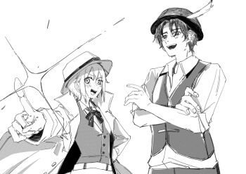 1boy 1girl brown_vest hat hat_feather highres octopath_traveler octopath_traveler_i partitio_yellowil tressa_(octopath_traveler) tressa_colzione vest