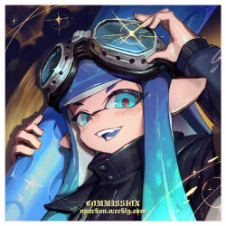 Rule 34 | 1girl, biahnyang, black jacket, blue eyes, blue hair, border, commentary request, commission, eyelashes, glint, goggles, goggles on head, holding, holding weapon, inkling, inkling girl, inkling player character, jacket, korean commentary, long hair, looking at viewer, nintendo, open mouth, pointy ears, smile, solo, splat roller (splatoon), splatoon (series), teeth, tentacle hair, upper body, weapon, white border