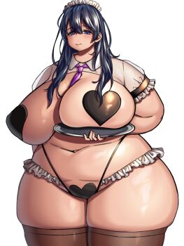 1girl ari_tuka arm_under_breasts between_breasts bikini bikini_bottom_only black_hair blue_hair breast_lift breast_on_tray breasts brown_thighhighs fat fat_woman frilled_bikini frilled_hairband frills hairband heart_bikini heart_maebari heart_pasties highleg highleg_bikini highres holding holding_tray huge_breasts long_hair maebari maid maid_headdress navel necktie necktie_between_breasts original pasties plump purple_eyes shrug_(clothing) skindentation smile solo standing swimsuit thick_thighs thighhighs thighs tray white_background wide_hips