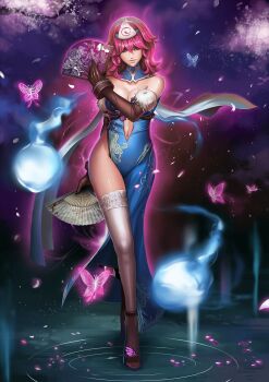 Rule 34 | 1girl, adapted costume, asymmetrical clothes, aura, bare shoulders, breasts, bug, butterfly, cherry blossoms, cleavage, crossed legs, dantewontdie, elbow gloves, hand fan, female focus, floral print, folding fan, full body, gap (touhou), gloves, goshoguruma, high heels, highres, hitodama, honeycomb pattern, bug, large breasts, crossed legs, looking at viewer, navel, no panties, petals, pink eyes, pink hair, saigyouji yuyuko, saigyouji yuyuko's fan design, scarf, shippou (pattern), side slit, solo, standing, thighhighs, touhou, tree, triangular headpiece, watson cross, when you see it