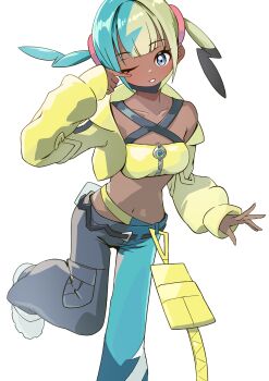 1girl absurdres aqua_hair bandeau black_hair black_pants blonde_hair blue_eyes blue_pants breasts canari_(pokemon) collarbone commentary_request dark-skinned_female dark_skin dated_commentary highres jacket long_sleeves looking_at_viewer medium_breasts midriff mikan_(mikan_no_happa) multicolored_hair navel nintendo one_eye_closed pants pokemon pokemon_legends:_z-a simple_background solo standing standing_on_one_leg twintails two-tone_pants white_background yellow_bandeau yellow_jacket