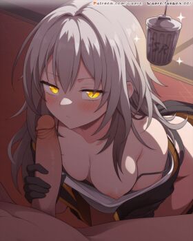 1boy 1girl animated animated_gif bare_shoulders black_gloves black_jacket blinking blush bra bra_pull breasts closed_mouth clothes_pull collarbone erection gloved_handjob gloves grey_hair hair_between_eyes handjob hetero honkai:_star_rail honkai_(series) jacket large_variant_set long_hair long_sleeves medium_breasts nipples one_breast_out open_mouth penis shirt solo_focus stelle_(honkai:_star_rail) trailblazer_(honkai:_star_rail) trash_can uncensored underwear variant_set waero white_shirt yellow_eyes