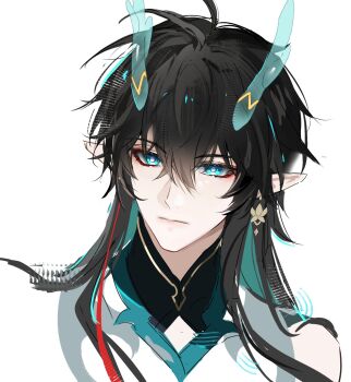1boy aqua_eyes black_hair black_shirt blue_horns closed_mouth collared_shirt cropped_shoulders dan_heng_(honkai:_star_rail) dan_heng_(imbibitor_lunae)_(honkai:_star_rail) dragon_horns earrings eastern_dragon_horns hair_between_eyes highres honkai:_star_rail honkai_(series) horns jewelry jiuchuansi long_hair long_pointy_ears male_focus official_alternate_costume piercing pointy_ears portrait shirt simple_background single_earring solo white_background