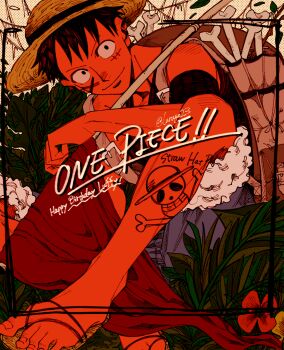 Rule 34 | 1boy, backpack, bag, birthday, black hair, bone, commentary request, happy birthday, hat, highres, jolly roger, larugo0513, looking at viewer, male focus, monkey d. luffy, one piece, outdoors, sandals, scar, scar on face, short hair, shorts, signature, smile, straw hat, straw hats jolly roger, title