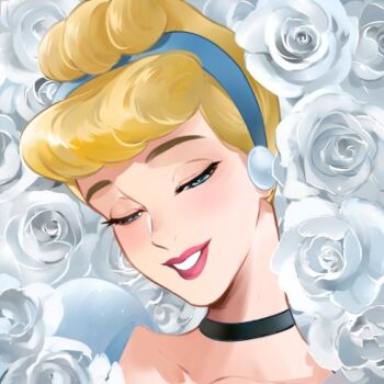 Rule 34 | 1girl, ano (sbee), gown, blonde hair, blue dress, blue flower, blue rose, choker, cinderella (disney character), cinderella (disney movie), closed eyes, dress, earrings, flower, gown, hair bun, hairband, jewelry, looking at viewer, lowres, princess, princess dress, rose, short hair, smile, solo, teeth, upper teeth only, white flower, white rose