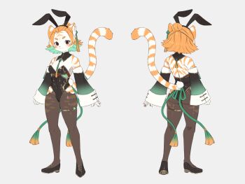 1girl ass bare_shoulders black_hairband black_leotard black_shoes black_sleeves breasts brown_eyes brown_pantyhose bunnimals chinese_clothes cleavage clover clover_hair_ornament colored_inner_hair detached_sleeves fake_tail flipped_hair from_behind full_body furry furry_female green_hair hair_bun hair_ornament hairband jewelry kawarage_yatano leotard multicolored_hair multiple_views official_art one_eye_closed orange_hair pantyhose playboy_bunny rabbit_tail second-party_source shoes short_hair simple_background single_hair_bun small_breasts standing straight-on striped_fur striped_tail tail tassel tassel_hair_ornament thighlet tiger_girl two-tone_hair waving white_background white_fur xiaoju_(bunnimals)