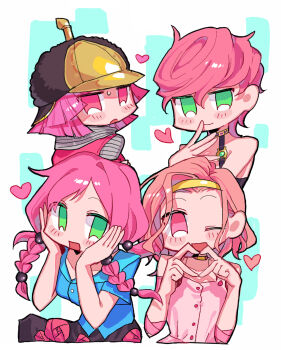 4girls black_helmet blue_shirt bob_cut braid diamond_wa_kudakenai gold_helmet green_eyes grey_sleeves hair_bobbles hair_ornament hairband heart heart_hands helmet highres hirose_yasuho hot_pants_(sbr) jojo_no_kimyou_na_bouken jojolion long_sleeves multiple_girls one_eye_closed panties pink_eyes pink_hair pink_panties pink_shirt pink_sleeves shirt short_sleeves steel_ball_run sugimoto_reimi trish_una underwear user_nwvc3372 vento_aureo