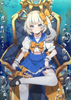 1girl black_footwear blue_eyes blue_sailor_collar blue_skirt bow bowtie bubble crop_top crossed_legs crown fish grey_hair hair_bow high-waist_skirt highres holding holding_wand indie_virtual_youtuber long_hair marimari_(marimari_1.0)_(vtuber) marimari_(vtuber) mini_crown orange_bow orange_bowtie sailor_collar school_uniform shirt side_ponytail sitting skirt solo suspenders thighhighs throne valefal_coneri virtual_youtuber wand white_shirt white_thighhighs