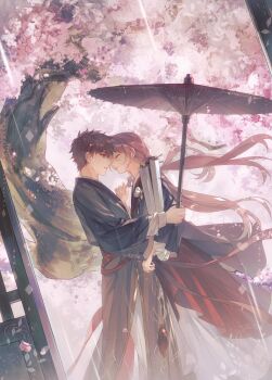 Rule 34 | 1boy, 1girl, black kimono, blush, breasts, cherry blossoms, couple, emiya shirou, falling petals, fate/stay night, fate (series), gaoyue jixiang, hair ornament, highres, japanese clothes, kimono, long hair, momomiya shizuku (gaoyue jixiang), oc x canon, oil-paper umbrella, open mouth, orange hair, original, outdoors, parasol, pastels, petals, pink eyes, pink hair, sash, tree, umbrella, watermark, weibo watermark, white umbrella