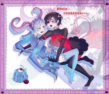 2girls armor artist_name battle black_bodysuit black_clover black_hair black_sclera blue_armor body_markings bodysuit bow breasts cherry cleavage colored_sclera commentary crown demon_tail doukazik english_commentary english_text food fruit gelatin grey_hair highres large_breasts long_hair looking_at_another multiple_girls noelle_silva pink_bow purple_eyes red_eyes short_hair tail twintails valkyrie vanica_zogratis water white_background zoom_layer