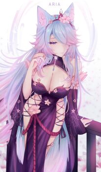 1girl a_r_i_a absurdres animal_ears black_kimono black_sleeves blue_eyes blue_hair breasts cleavage cleavage_cutout clothing_cutout detached_sleeves hair_over_one_eye highres indie_virtual_youtuber japanese_clothes kimono large_breasts looking_at_viewer multicolored_hair nail_polish pink_hair silvervale silvervale_(sakura_goddess) solo streaked_hair swept_bangs tail virtual_youtuber wolf_ears wolf_girl wolf_tail